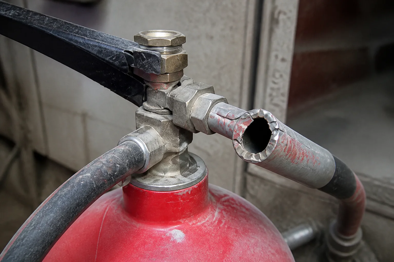 Damaged CO2 fire extinguisher pipe and horn at DG Area